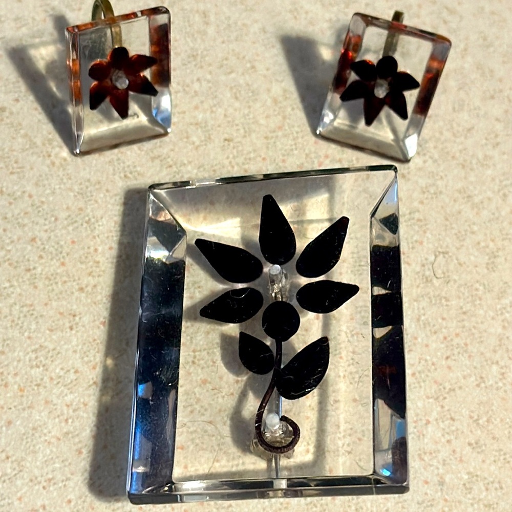 Vintage clear lucite with black flowers embedded broach and earrings (693)